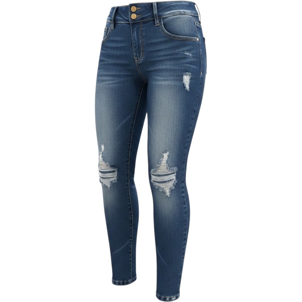 Divina Collection Jeans Womens 32 Blue Distressed Slim Fit Button Front Good